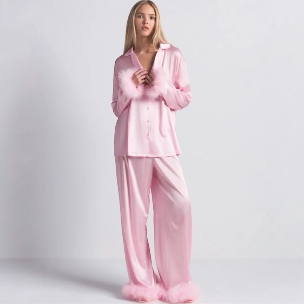 SKIMS Pink Satin Feather Trim Pajama Set | Size Small - Picture 6 of 10